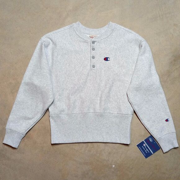 NWT Champion Women’s Reverse Weave Gray Retro Henley Sweatshirt - Size Small - Picture 1 of 11